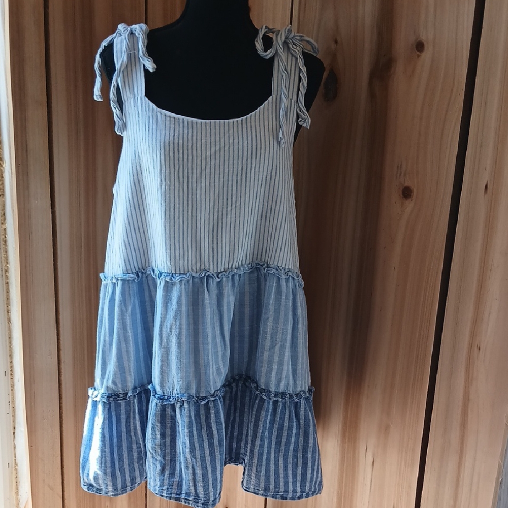 Mine Blue and White Striped Tiered Dress
